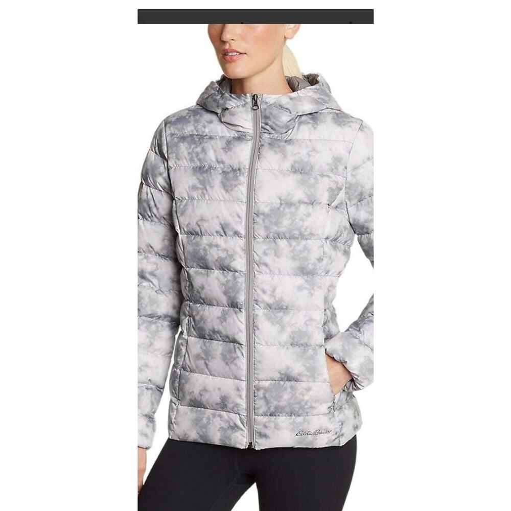 Eddie Bauer Women's CirrusLite Down Hooded Jacket Gray White Size Medium